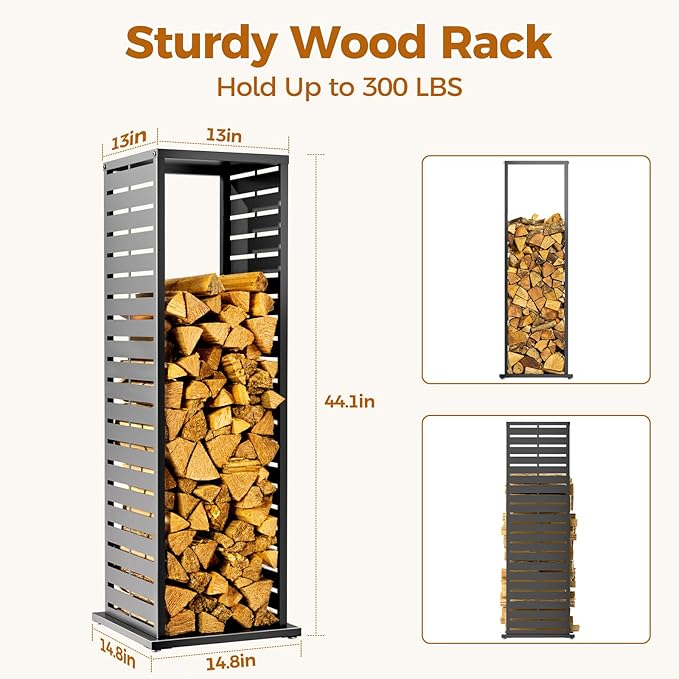 4ft Firewood Rack Outdoor, Fire Wood Holder Log Storage Rack with Parallel Louver Pattern Hooks Adjustable Feet, Firewood Stacker for Indoor Patio Balcony Black