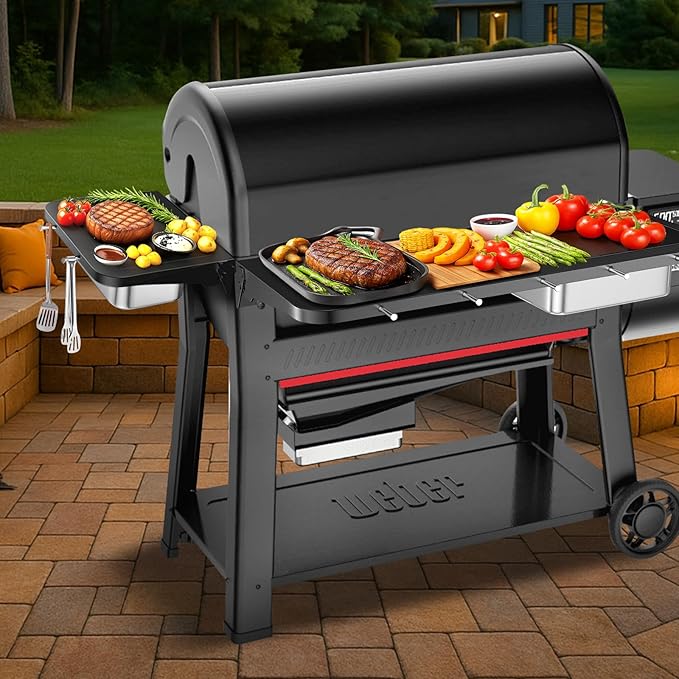 Utheer Front Folding Grill Table for Weber Searwood XL 600 – 35" x 12.5" Large Front Shelf with Stainless Steel Basin, Works Cutting Board, Lid & 5 Hooks, Heavy-Duty Weber Searwood XL 600 Accessories