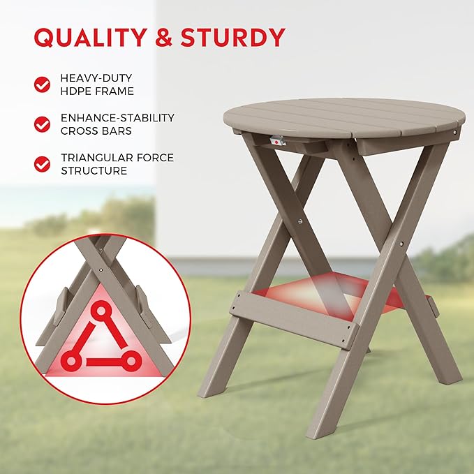Costaelm Paradise HDPE Outdoor 24.5 Inch Round Portable Folding Patio Dining Table, Weathered Wood