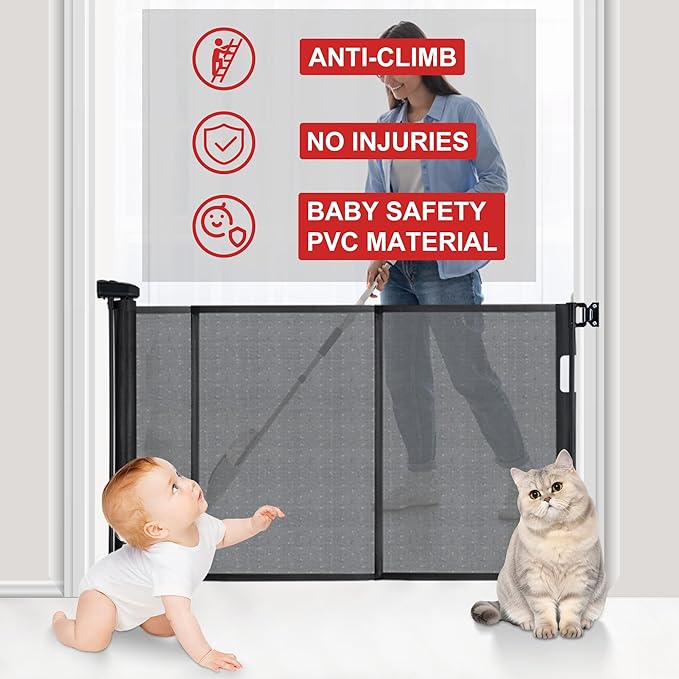 120 inches Extra Wide Baby Gate, 34 inches Tall Retractable Pet Gate for Large Openings, Hallways, Room Dividers, Mesh Safety Barrier for Indoor Outdoor Use, Black