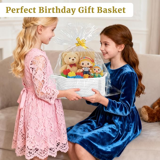 Succwoah 8 Pack Small Woven Baskets with Gift Bags & Ribbons & Cards, Cotton Rope Nursery Storage with Handles, 12"x8"x5", Empty Gift Baskets for Baby Shower, Christmas, Thanksgiving, Organizer (White)