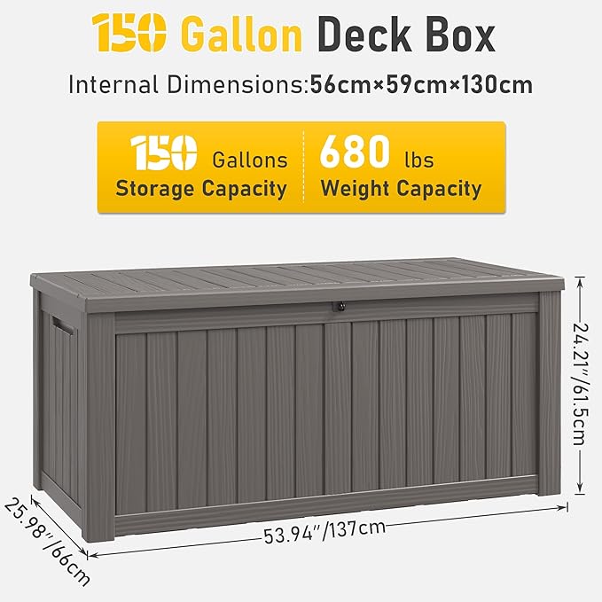 NUNU LAB 150 Gallon Outdoor Storage Box,Resin Large Sturdy Deck Box, Backyard Outside Storage Box Waterproof with Double Wall Panels,Package Delivery Garden Outdoor Hose