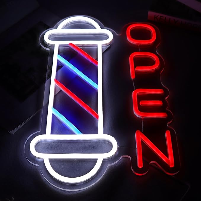 JFLLamp Barber Shop Neon Signs for Wall Decor Open Neon Lights for Bedroom Led Signs Suitable for Barber Shops Hair Salon Art Unique Gift for Hairdresser 10.2 * 16.1 Inch(Red + Blue + White)