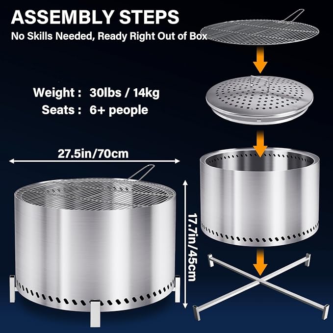 HGD 28 Inch Smokeless Firepit, Stainless Steel Fire Pit, Wood Burning Firepit for Patio Garden Picnic