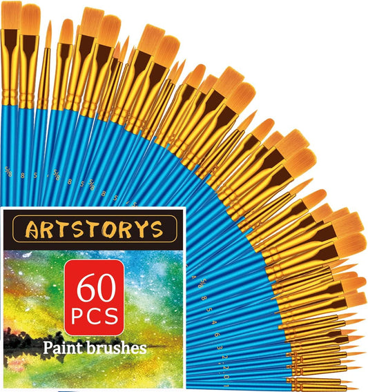Paint Brushes Set, 6Pack 60 Pcs Paint Brushes for Acrylic Painting, Oil Watercolor Acrylic Paint Brush, Artist Paintbrushes for Body Face Rock Canvas, Kids Adult Drawing Arts Crafts Supplies, Blue