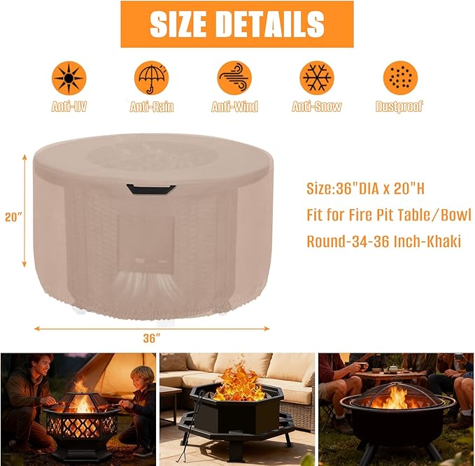 Kovshuiwe Round Fire Pit Cover-600D Fabric Waterproof and Resistant Material, Fits Outdoor For 34-36 Inch Fire Pit /Table Cover, Patio Fire Bowl Cover-36"DIA x 20"H, Khaki