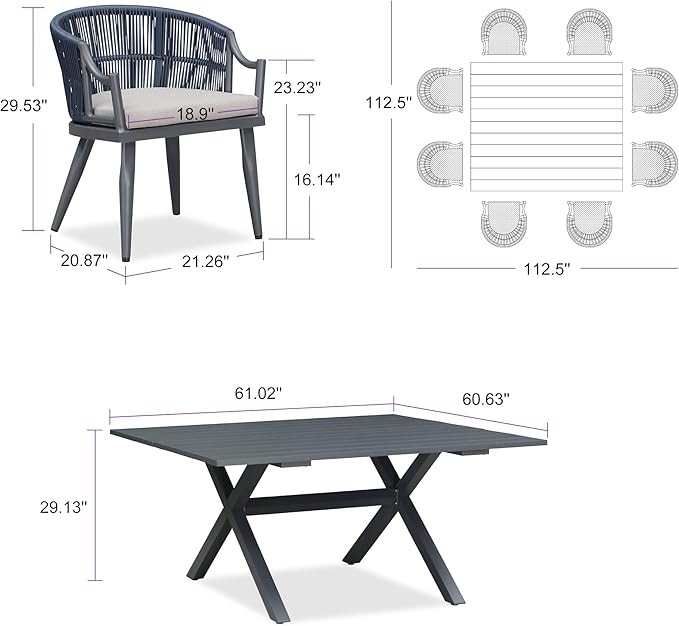 PURPLE LEAF 9 Pieces Outdoor Dining Set All Weather Wicker Patio Dining Set with Square Aluminum Table and Modern Armrest Dining Chairs for Garden Deck Backyard Kitchen, Grey