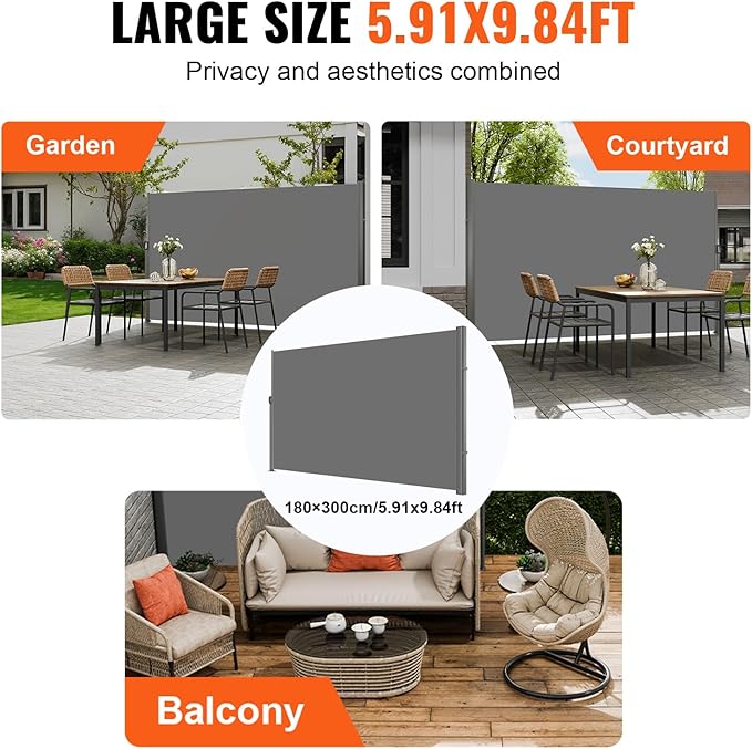 VEVOR Retractable Side Awning, UV 50 71''x118'' Full Aluminum Rust-Proof Outdoor Privacy Screen, 280 g Thicken Folding Room Divider Fence & Wind Screen for Backyard, Balcony, Roof Terraces, Grey