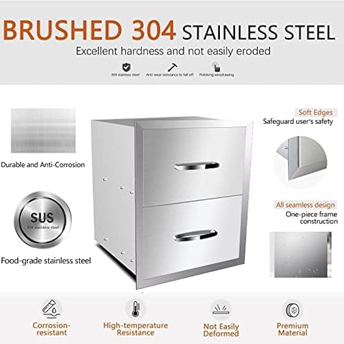 BBQ Outdoor Kitchen Drawers Stainless Steel 3-Drawer Enclosed Built-in Flush Mount for Outdoor Kitchens & Islands, 14Wx23Dx15H