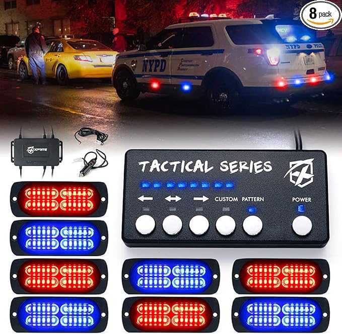 Xprite 24 LED Surface Mount Strobe Lights Kit with Control Panel, Grill Grille Side Marker Flashing Emergency Warning Police Light Assembly for Trucks Vehicles ATV UTV RV Cars Van Red Blue, 8PCS
