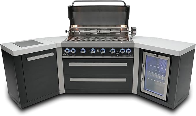 Mont Alpi MAi805-BSS45FC 44-inch 6-Burner 115000 BTU 45 Degree Black Stainless Steel Gas Outdoor Kitchen Bar Island Grill w/Fridge Cabinet + Infrared Side & Rear Burner