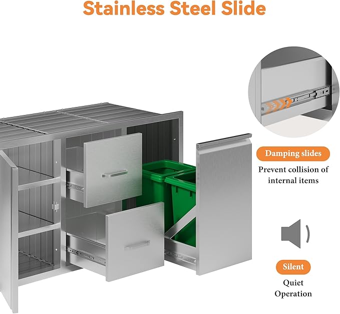 Jocisland Outdoor Kitchen Drawers 41.5" W×23" D×23" H Stainless Steel Drawers for Outdoor Kitchens, Double Drawer & Door Trash Drawer & 3-Tier Cabinet, Built-in BBQ Island Storage