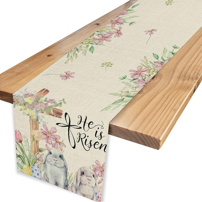 Easter Bunny Rabbits Table Runner,Boho Floral Cross Rabbits Easter Eggs Spring Table Center Decor for Family Kitchen and Living Room Outdoor Farmhouse Party Table Decorations, 13"x72"
