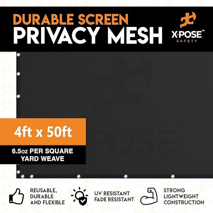 Xpose Safety Privacy Fence Screen 8’ x 50’ (36 Pack) – Heavy Duty Black Mesh with 90% Visibility Block, UV Protection – Includes Cable Ties – for Garden, Yard, Nursery, Kennel, Dog Run, Greenhouse