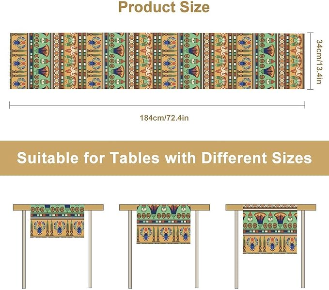 Egyptian Print Table Runner, Egyptian Ornament Scarab Flower Abstract Design Table Runner for Dining Kitchen Party Outdoor Holiday 13x70in