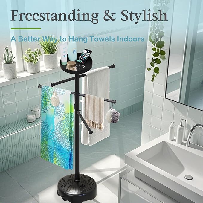 Pool Towel Rack Outdoor with Built-in Tray – Adjustable, Heavy-Duty Towel Racks & Storage for Backyards