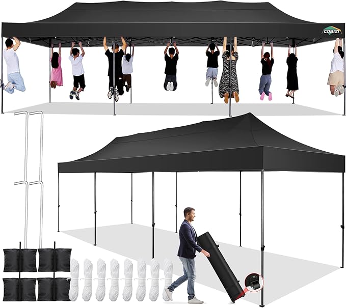 COBIZI 10x30 Pop up Canopy Tent 10x30 Canopy No Sidewall Waterproof Heavy Duty Commercial for Parties Outdoor Garden Gazebo Tent, Carry Bag with Wheel(10x30ft No Sidewalls, Black)
