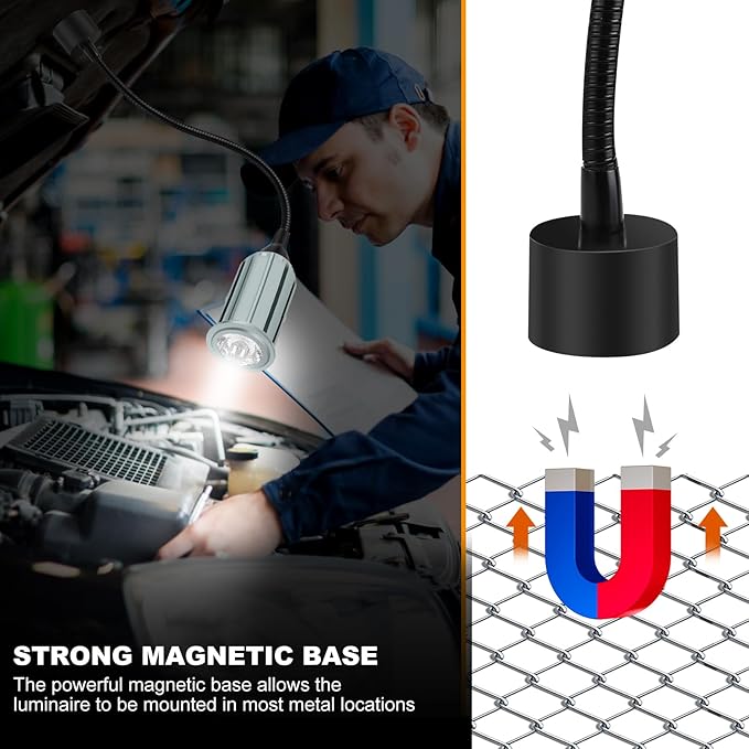 15W Magnetic Work Light, LED Machine Light with Flexible Gooseneck and Magnetic Base, Shop Tool Lamp for Lathe, Work Bench, Sewing Machine, Grill, Industrial Lighting