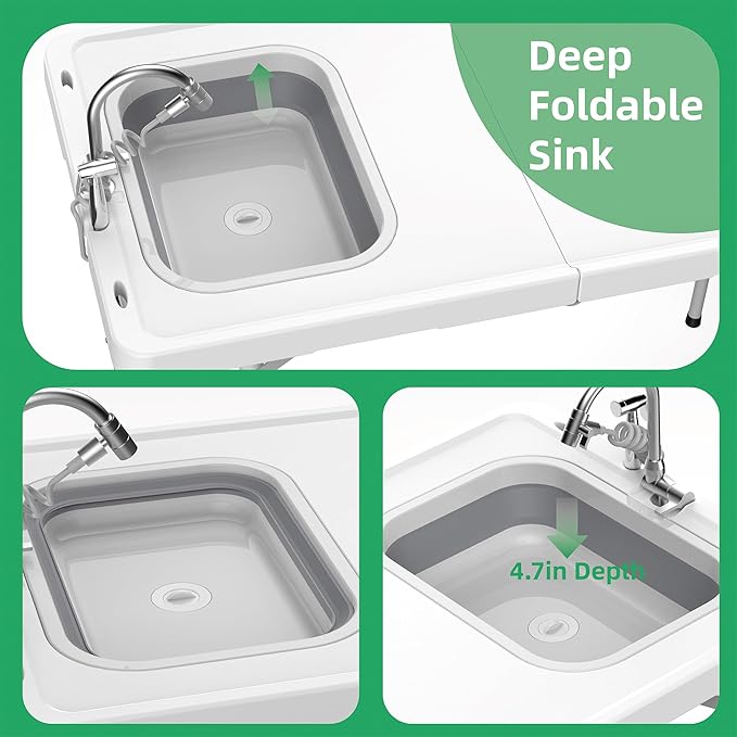 Allpop Fold-in-Half Fish Cleaning Table with Sink & Carrying Bag, 50'' Portable Folding Camping Fish Station with Drainage Hose, Faucet, Sprayer, Storage Box & Grooves for Picnic, White