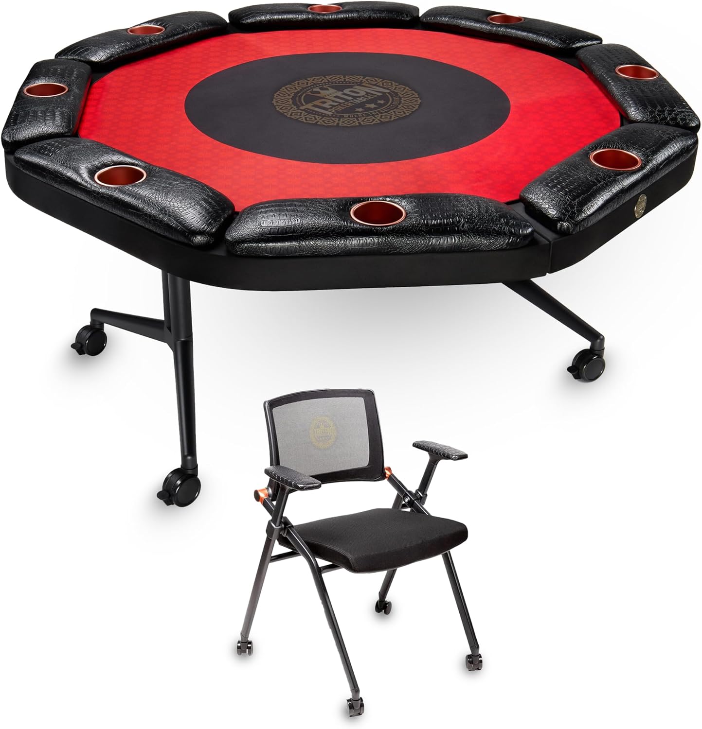 Triton Foldable Poker Table with 8 Chairs - Premium Soft-Padded Armrest, Individual Cup Holders, Portable Mat- Crafted with Durable Materials, Long-Lasting Poker Table for 8 Players