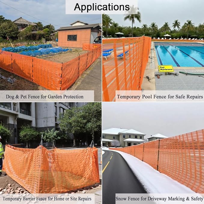5x100 FT Orange Safety Fence, Plastic Mesh Roll for Temporary Barrier Use in Construction Sites, Snow Fencing Driveway Marking, Ski Trails, Crowd Control & Nighttime Emergency Warning