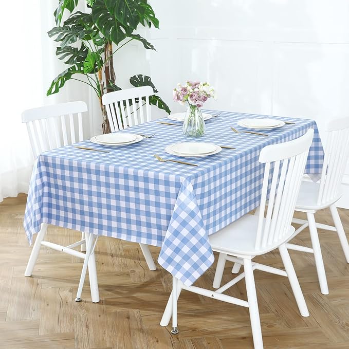 Romanstile Rectangle Vinyl Tablecloth, 100% Waterproof Buffalo Gingham Plastic Table Cloth, Heavy Duty Wipeable Checkered Table Covers for Outdoor, Camping, Picnic, Patio - 54 x 120, Light Blue