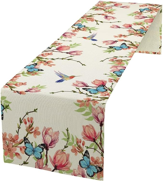 Spring Flower Table Runner, Seasonal Rustic Garden Flowers Bird Butterfly Print Table Runner for Home Kitchen Table Decor, 13x90inch