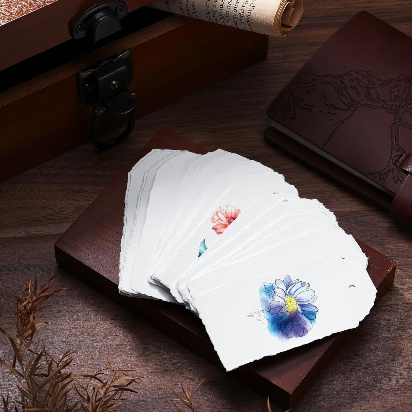 50 Pack Handmade Vintage Deckle Edge Tags with String 3.75 x 1.75 Thick 160 GSM Cotton Gift Tags with String Attached for Name Cards Place Cards Arts Crafts Gift(White)