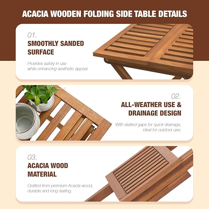Folding Wooden Side Table – Premium Portable Foldable Table for Outdoor & Indoor Use, Patio, Camping & Small Spaces – Perfect with Adirondack Chairs – Golden Teak Finish