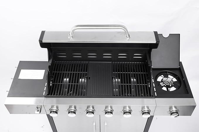 6-Burner Gas Grill with Side Burner, 65850 BTU Outdoor BBQ Grill, 620 sq in Cooking Area with Cast Iron Grates, Enameled Steel Lid & Built-in Thermometer for Patio, Garden, Family Gatherings