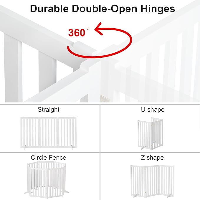 36" Height Extra Tall Freestanding Pet Gate, Solid Wood Folding Safety Fence Wooden Dog Gate with 2 PCs Support Feet Ideal for Stairs, Doorways, Halls, Kitchens, Heavy Duty Gates, 3 Panels, White