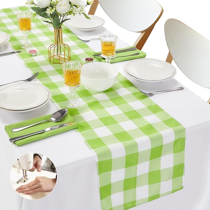 Fabric Checkered Table Runner 12 Pack Waterproof Gingham Table Runner 14W x 108L Buffalo Check Table Runners for Parties Kitchen Dining Wedding Banquet (Emerald and White)