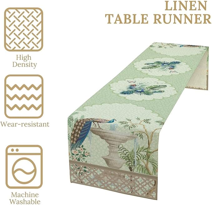 Blue Peacock Table Runner,Vintage Rustic Fountain Tropical Plant Peacock Feather Green Table Center Decor for Family Kitchen and Living Room Outdoor Farmhouse Party Table Decorations, 13"x36"