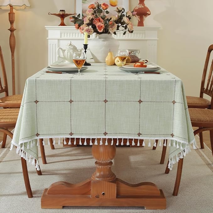 Pahajim Rustic Linen Tablecloth Cotton Rectangle Table Cloth for Kitchen Dining with Tassel Plaid Waterproof Tablecloths Rectangle/Oblong,55''x94'', 6-8 Seats
