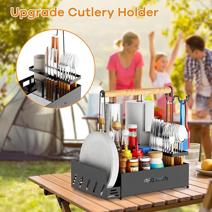Grill Caddy, BBQ for Outdoor Grill with 2 Paper Towel Holders, Picnic BBQ Condiment Utensil Organizer Caddy for Outdoor Cooking, Rv, Camping Essential, Camper Must Haves,Gifts for Men