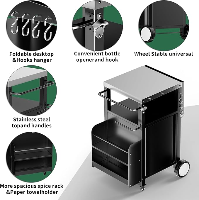 ROOMTEC Outdoor Grill Cart with Storage,Movable Modular BBQ Cart,Waterproof Patio Kitchen Island with Hooks and Spice Rack,Bar Patio Kitchen Island Prep Stand Cabinet with Cover