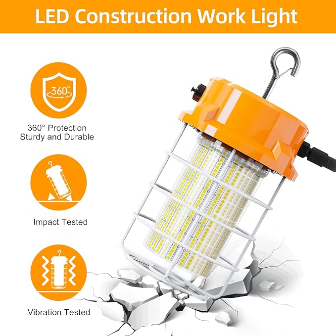 80W LED Temporary Work Light 12000Lm 5000K Construction Lights Led Work Light IP67 Dust Waterproof Portable Lights with Stainless Steel Guard Hook for Mine Wharf Job Site Garage Factory Lighting