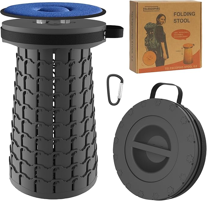 ALEVMOOM XXL Collapsible Stool with Thick Cushion,Taller 19.7" Wider 11.8" Camping Chair More Sturdy Capacity 1000LBS,Portable Telescoping Adjustable Stool for Garden Fishing Hiking BBQ (Large Black)