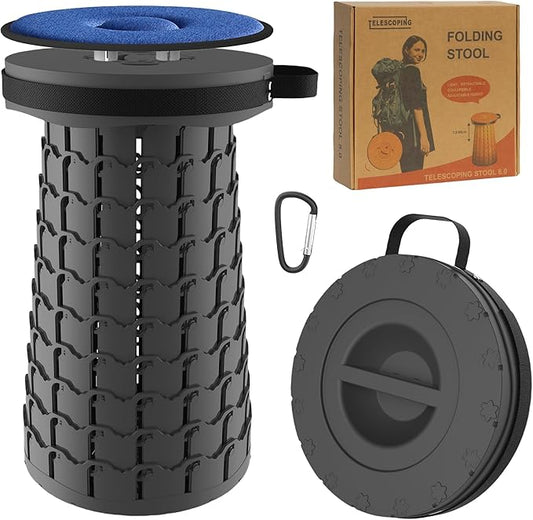 ALEVMOOM XXL Collapsible Stool with Thick Cushion,Taller 19.7" Wider 11.8" Camping Chair More Sturdy Capacity 1000LBS,Portable Telescoping Adjustable Stool for Garden Fishing Hiking BBQ (Large Black)