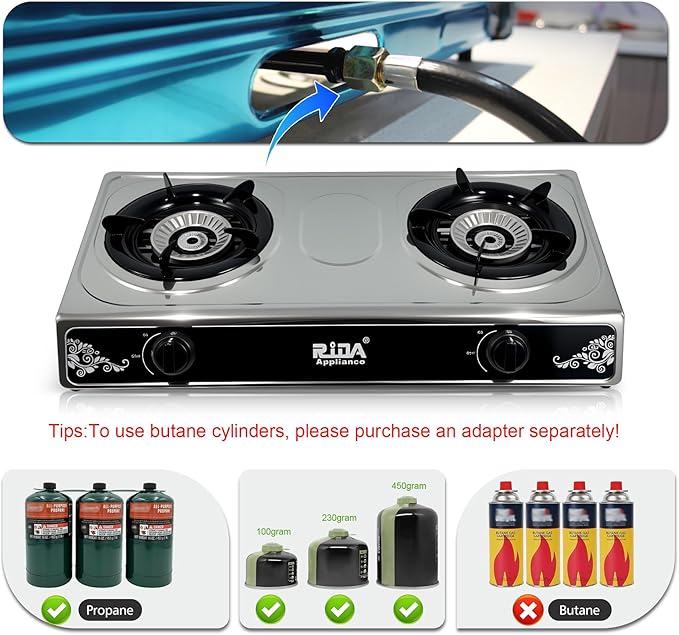 2 Burner Propane Gas Stove, Portable Stainless Steel Camping Stove with Auto-Ignition, Propane Burners for Cooking, Outdoor, Camping, RV & Emergency Use