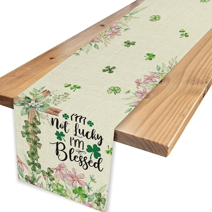 Cross Clover Table Runner,Rustic Beige Pink Floral Green Shamrock St.Patrick's Day Table Center Decor for Home Kitchen Dining Patio Holiday Party Indoor Decorations, 13"x108"