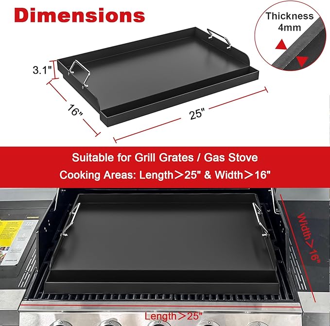 25" x 16" Nonstick Griddle Insert for Gas Grills, Carbon Steel Flat Top Griddle for Gas/Electric/Charcoal Grill, Universal Cooking Plate with Grease Groove for Outdoor Camping Tailgating Parties