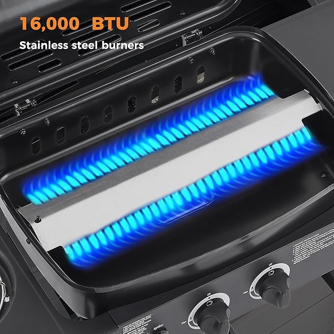 Lyromix 2 Burner Gas Grill with Side Burner, BBQ Propane Gas Grill With Porcelain-Enameled Cast Iron Grates and Bottle Opener, Stainless Steel Grill for Outdoor Cooking, Patios, Backyards, 23800BTU