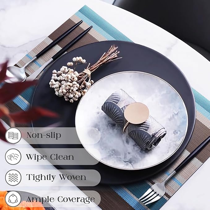 Set of 6 Colorful Striped Vinyl Placemats Heat-Resistant Washable Placemats Non-Slip Woven Table Mats Wipeable Placemat for Kitchen Dining Table Decoration Indoor Outdoor (Blue&Brown)