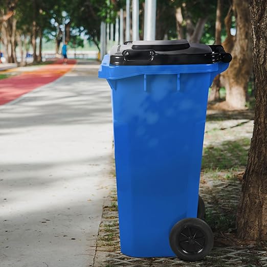 32 Gallon Trash Can Outdoor Recycling Bin with Lid and Wheels Heavy Duty Rolling Garbage Can with Lid Blue Recycle Trash Can with Wheels for Warehouse Hospital Restaurant Office