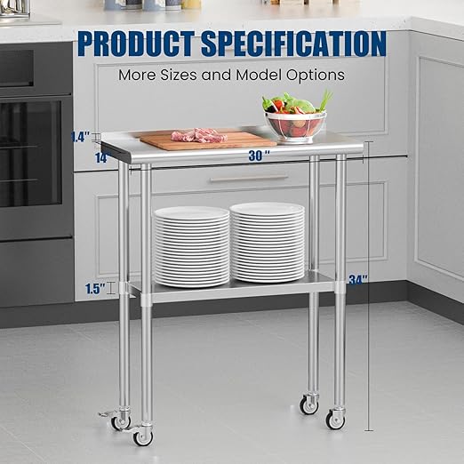 Stainless Steel Work Table with Wheels, 14x30 Inch NSF Food Prep Table with Backsplash & Adjustable Undershelf for Commercial Kitchen, Restaurant, Garage