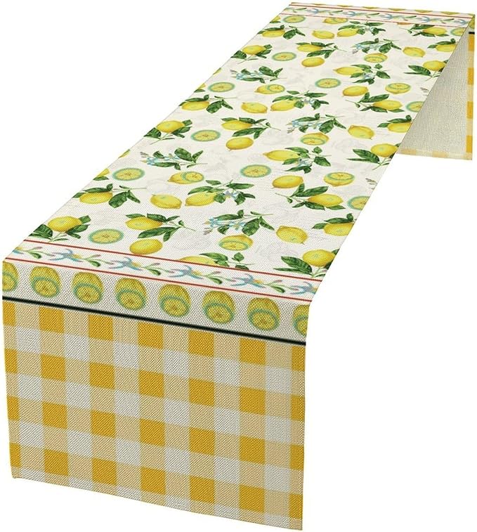 Lemon Buffalo Plaid Table Runner,Rustic Farm Fruit Aesthetic Country Farmhouse Dining Table Decoration for Home Holiday Party Dresser Kitchen Cabin Restaurant Wedding Decor 13×60in