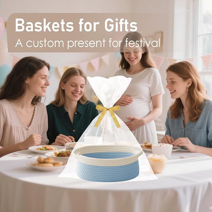 Woven Basket,Small Rope Storage Bin with Handles & Ribbon Bag, Organizer for Shelves Closets,Gift Basket Empty for Birthday,Books,Dog Toys, White&Blue/2 Pack
