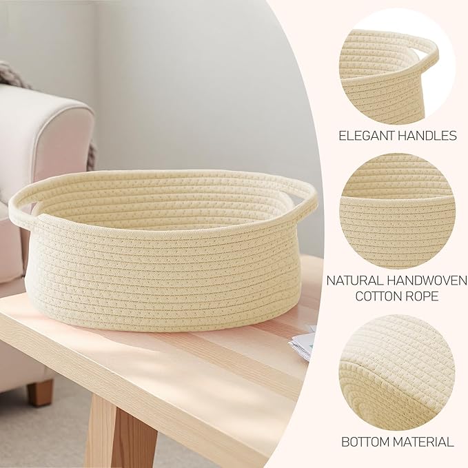 Woven Basket,Small Rope Storage Bin with Handles & Ribbon Bag, Organizer for Shelves Closets,Gift Basket Empty for Birthday,Books,Dog Toys,Beige