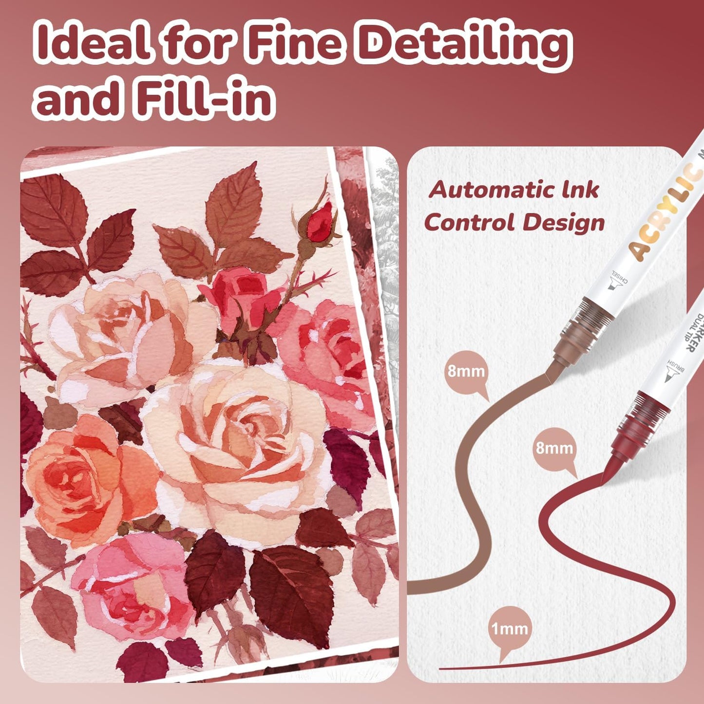 Guangna 12 Red Brown Dual Tip Acrylic Paint Markers, Brush Tip & Chisel Tip Acrylic Paint Pens for Rock, Wood, Glass, Paper, Coloring Book, Ceramic, Canvas, Water-Based Ink